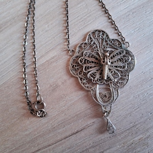 Vintage Silver Filigree Butterfly Pendant Necklace