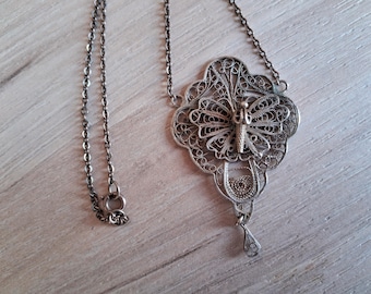 Vintage Silver Filigree Butterfly Pendant Necklace