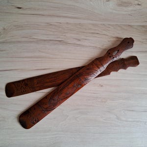 Antique Meiji Japanese Carved Wooden Scepters: Crane & Figure Pair