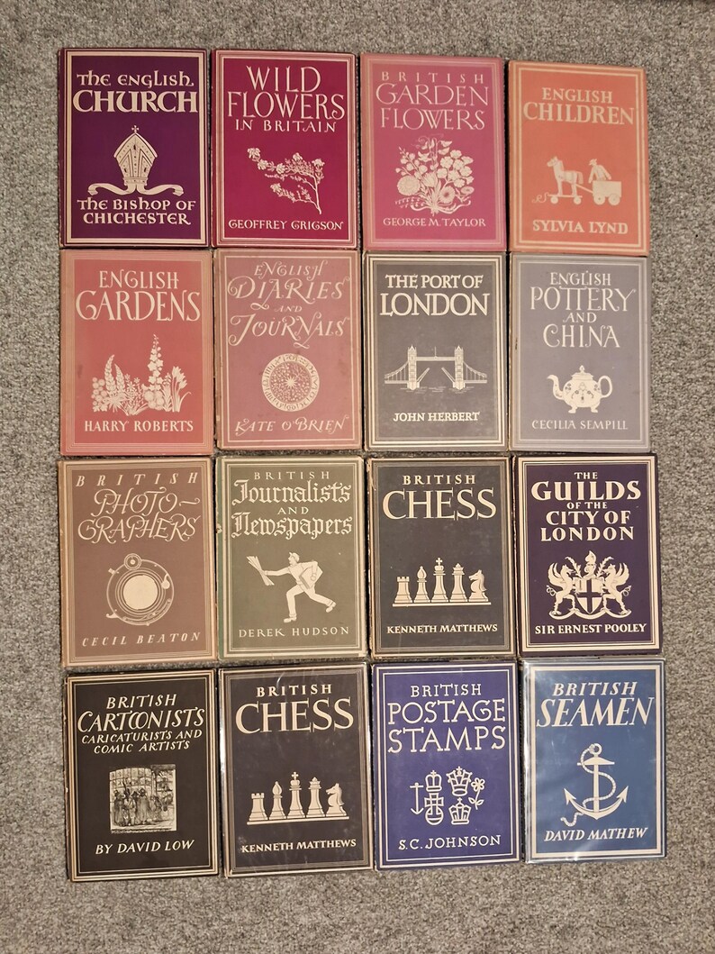 May include: A collection of 12 vintage hardcover books with colorful covers and gold lettering. The books are about British culture, history, and people. The titles include "The English Church", "Wild Flowers in Britain", "British Garden Flowers", "English Children", "English Gardens", "English Diaries and Journals", "The Port of London", "English Pottery and China", "British Photo-Graphers", "British Journalists and Newspapers", "British Chess", and "The Guilds of the City of London".