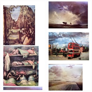 May include: A collection of five vintage paintings depicting scenes of war and peace. The paintings are in a muted color palette and feature a variety of subjects, including airplanes, a horse-drawn cart, a double-decker bus, and people sleeping in bunk beds.