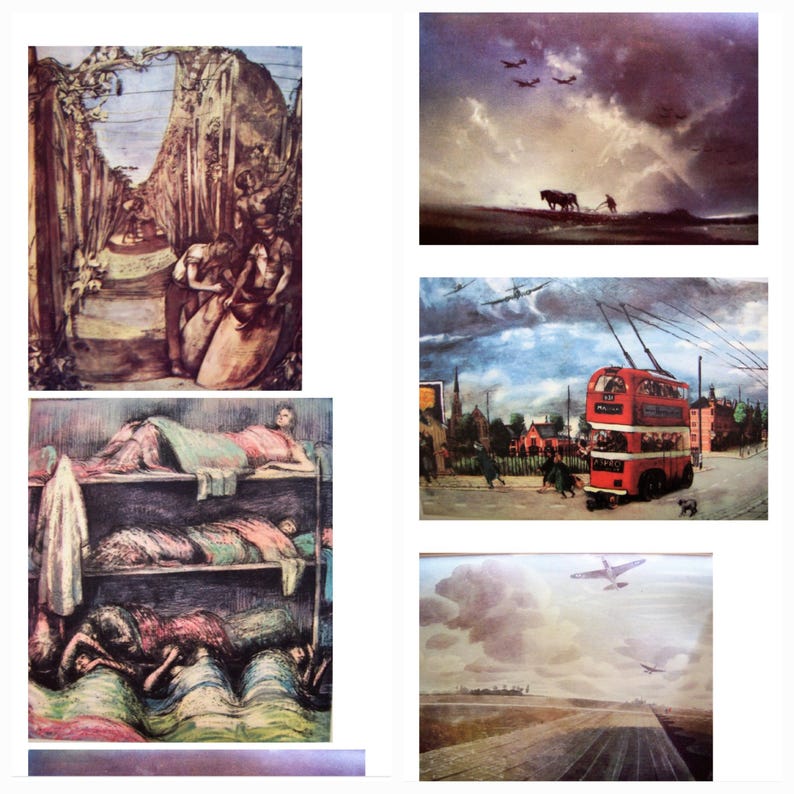 May include: A collection of five vintage paintings depicting scenes of war and peace. The paintings are in a muted color palette and feature a variety of subjects, including airplanes, a horse-drawn cart, a double-decker bus, and people sleeping in bunk beds.