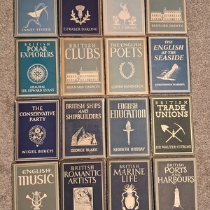 May include: A collection of 12 vintage hardcover books with gold lettering and illustrations on the covers. The books are about British history, culture, and nature. The titles include "The Birds of Britain", "The Story of Scotland", "The English Ballet", "British Clubs", "British Polar Explorers", "British Clubs", "The English Poets", "The English at the Seaside", "The Conservative Party", "British Ships and Shipbuilders", "English Education", and "British Trade Unions".