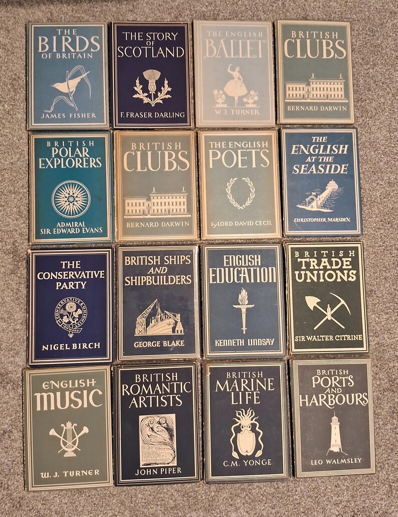 May include: A collection of 12 vintage hardcover books with gold lettering and illustrations on the covers. The books are about British history, culture, and nature. The titles include "The Birds of Britain", "The Story of Scotland", "The English Ballet", "British Clubs", "British Polar Explorers", "British Clubs", "The English Poets", "The English at the Seaside", "The Conservative Party", "British Ships and Shipbuilders", "English Education", and "British Trade Unions".
