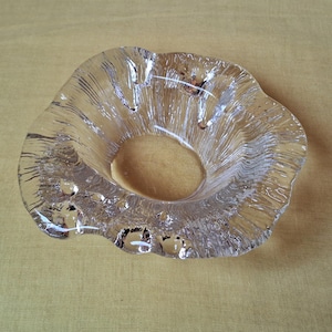 Blenko ice glass bowl, dish, ashtray, Blenko Brutalist glass art glass bowl, vintage crystal glass bowl.