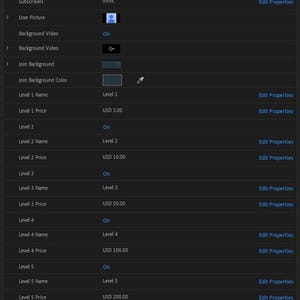 May include: A screenshot of a computer screen displaying a YouTube Join Membership Template. The template allows you to configure a channel picture, channel name, verification, subscriber count, user picture, background video, join background, join background colour, and membership tiers. Each membership tier offers options for setting a name, price, and whether it is enabled or disabled. The template also includes settings for custom emojis, emojis text, size, and a join message.