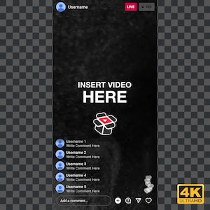 Può includere: Grafica verticale in bianco e nero con la scritta "INSERT VIDEO HERE" in bianco. L'immagine include un'icona a forma di scatola rossa e bianca, icone del profilo utente e un indicatore "LIVE". L'angolo in basso a destra mostra un logo "4K ULTRAHD".