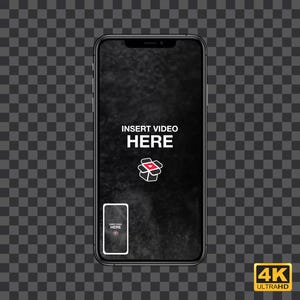 Könnte beinhalten: Ein schwarzes Smartphone mit einem dunkelgrauen Bildschirm, auf dem der Text "INSERT VIDEO HERE" und ein rotes Play-Symbol in einem weißen Kasten angezeigt werden. Der Bildschirm zeigt auch eine kleinere Version desselben Textes und Symbols in der linken unteren Ecke. Das Telefon befindet sich auf einem karierten Hintergrund mit einem 4K ULTRA HD-Logo in der rechten unteren Ecke.