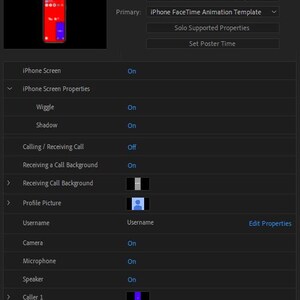 May include: A screenshot of a computer screen showing a graphic design template for an iPhone FaceTime animation. The template is named "iPhone FaceTime Animation Template" and has options for "Wiggle", "Shadow", "Calling/Receiving Call", "Receiving a Call Background", "Profile Picture", "Username", "Camera", "Microphone", "Speaker", "Caller 1", and "Caller 2".