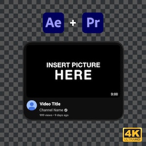 May include: A black screen with the text "INSERT PICTURE HERE" in white. Below the screen is a YouTube video player with the text "Video Title", "Channel Name", "999 views", and "9 days ago". The video player has a 9:00 timestamp in the top right corner. The image also includes the text "Ae + Pr" and "4K ULTRAHD".