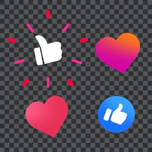 May include: A white thumbs up icon with a pink and red sparkle effect, a pink heart icon, a red and orange heart icon, and a blue circle with a white thumbs up icon.