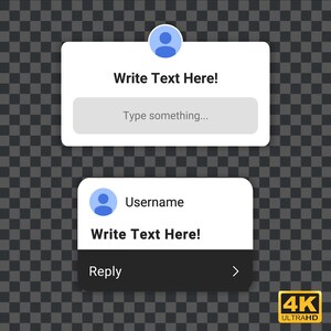 Puede incluir: Un cuadro de comentarios blanco con un icono de perfil azul, el texto "Write Text Here!" y un campo de entrada de texto con el texto de marcador de posición "Type something..." Un segundo cuadro de comentarios blanco con un icono de perfil azul, el texto "Username", el texto "Write Text Here!" y un botón negro con el texto "Reply" y una flecha hacia la derecha.