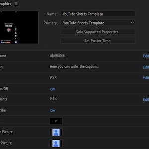 May include: A screenshot of a YouTube Shorts Template with editable fields for username, caption, likes, comments, and subscribe. The template also includes fields for video, profile picture, and audio picture.