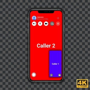 May include: A smartphone screen showing a FaceTime video call with two participants. The caller on the larger screen is labeled "Caller 2" and the caller on the smaller screen is labeled "Caller 1". The screen also shows controls for muting the microphone, turning the camera on and off, and ending the call.