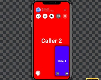 May include: A smartphone screen showing a FaceTime video call with two participants. The caller on the larger screen is labeled "Caller 2" and the caller on the smaller screen is labeled "Caller 1". The screen also shows controls for muting the microphone, turning the camera on and off, and ending the call.
