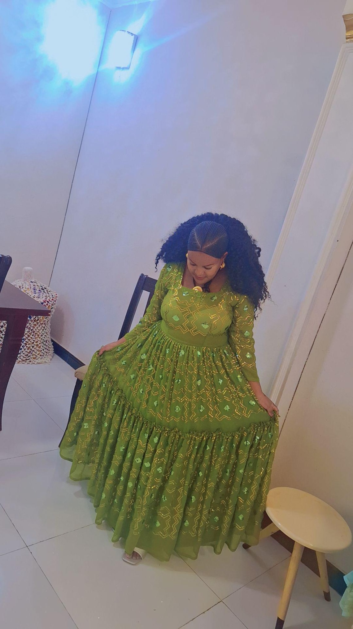 Green Jacquard Embroidered Ethnic Dress main image 0