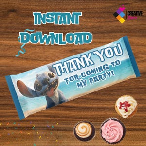 May include: A blue candy bar wrapper with the text "THANK YOU FOR COMING TO MY PARTY!" features a cartoon character. The words "INSTANT DOWNLOAD" are at the top. Three cupcakes with frosting are at the bottom.