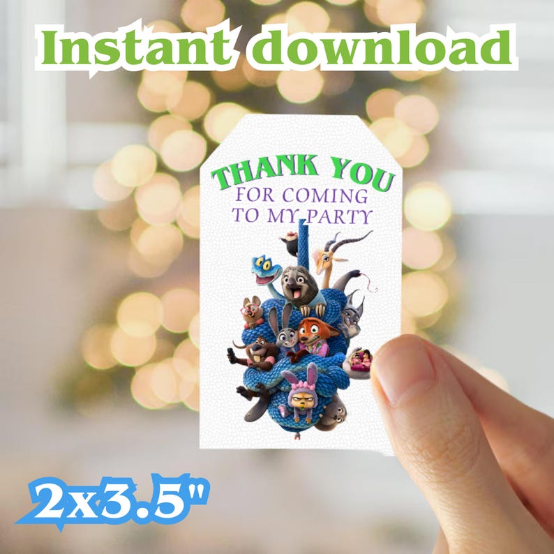 May include: A white tag with the text "Thank You For Coming To My Party" in green. The tag features cartoon characters and is 2 x 3.5 inches. The words "Instant download" are at the top in green.