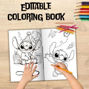 May include: A black and white coloring book featuring two illustrations of Stitch from Lilo & Stitch. The first illustration shows Stitch wearing a party hat and holding balloons. The second illustration shows Stitch waving with a party horn in the background. The book is titled "Editable Coloring Book".