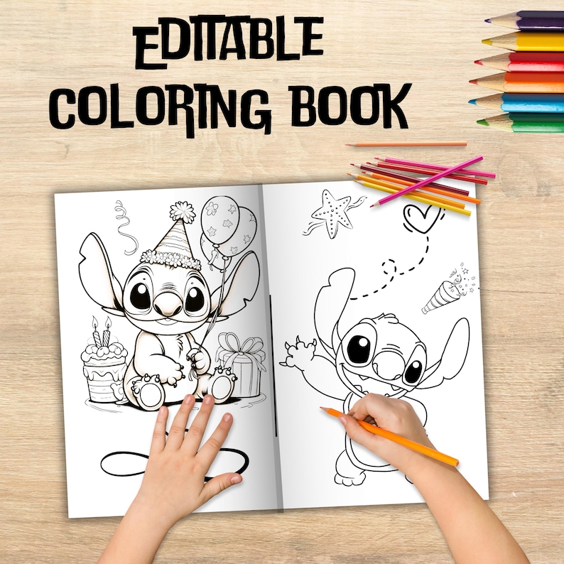 May include: A black and white coloring book featuring two illustrations of Stitch from Lilo & Stitch. The first illustration shows Stitch wearing a party hat and holding balloons. The second illustration shows Stitch waving with a party horn in the background. The book is titled "Editable Coloring Book".