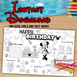 May include: A black and white coloring page with the words "Happy Birthday" and "Instant Download". The page features Minnie Mouse, a cake, balloons, and other party-themed graphics. Includes the text "Two sizes 11x8.5 and 11x17 inches".