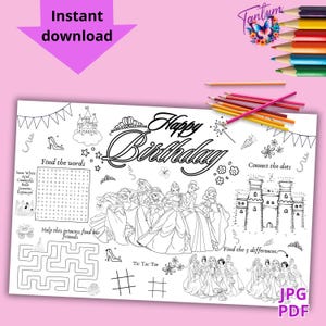 Princess Activity Placemat, princess Placemat, princess Coloring Sheet, princess, princess coloring page, INSTANT DOWNLOAD P31