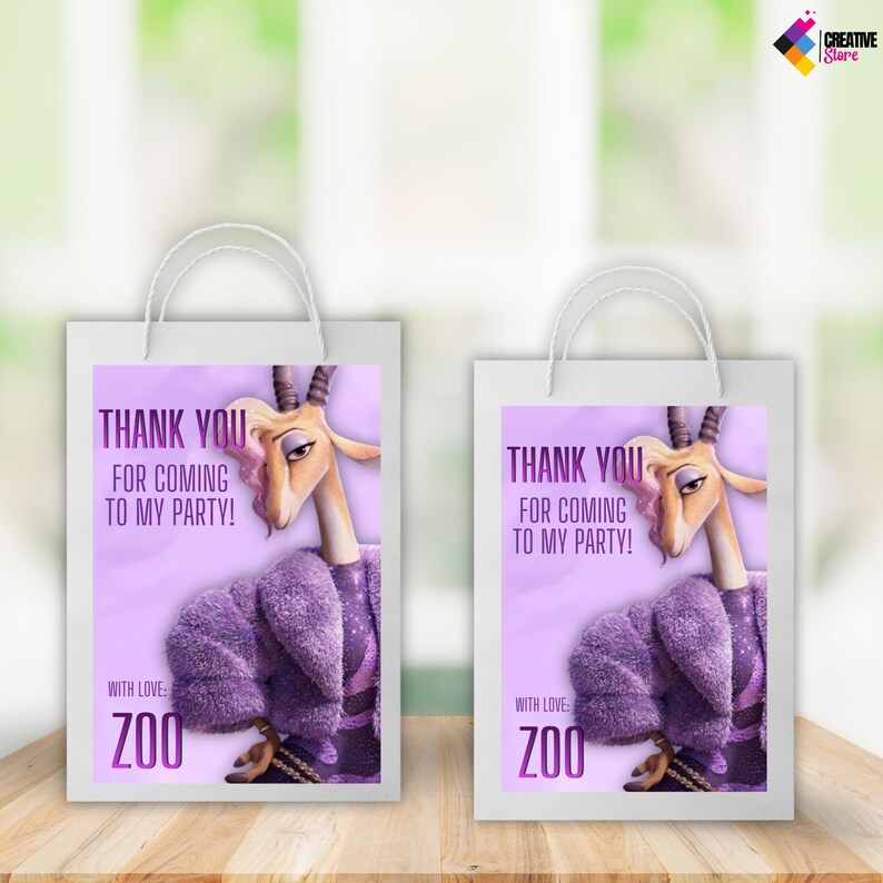 May include: Two white gift bags with handles, each featuring a purple graphic. The graphic includes the text "THANK YOU FOR COMING TO MY PARTY!" and the word "ZOO". An illustration of a gazelle in a purple coat is also present.