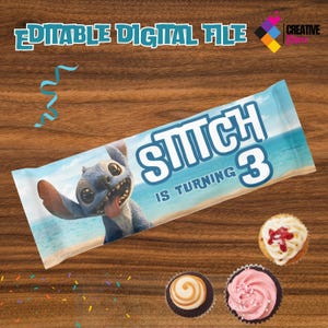 May include: A blue and white printable party banner featuring Stitch from Disney's Lilo & Stitch. The banner says "Stitch is turning 3".