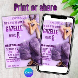 K&ouml;nnte beinhalten: Eine digitale Einladung zum 8. Geburtstag mit einer Cartoon-Gazellenfigur in Lila- und Lavendelt&ouml;nen. Die Einladung enth&auml;lt den Text "Gazelle wird 8" und Veranstaltungsdetails. Das Design wird auf einer gedruckten Karte und einem Smartphone angezeigt.