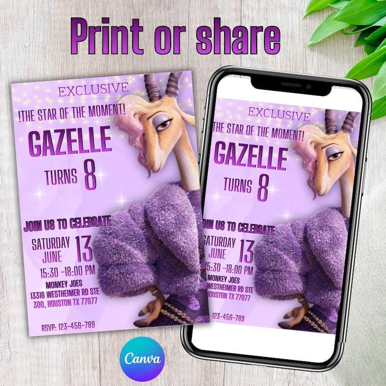K&ouml;nnte beinhalten: Eine digitale Einladung zum 8. Geburtstag mit einer Cartoon-Gazellenfigur in Lila- und Lavendelt&ouml;nen. Die Einladung enth&auml;lt den Text "Gazelle wird 8" und Veranstaltungsdetails. Das Design wird auf einer gedruckten Karte und einem Smartphone angezeigt.