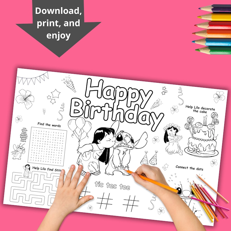 Lilo and Stitch coloring page, lilo and stitch birthday placemat, activity set,lilo and stitch party,coloring activity,INSTANT DOWNLOAD LS05 image 1