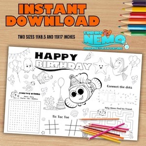 May include: Black and white printable coloring page featuring characters from the movie Finding Nemo. The page includes a happy birthday banner, a connect the dots activity, a word search, and a tic-tac-toe game.
