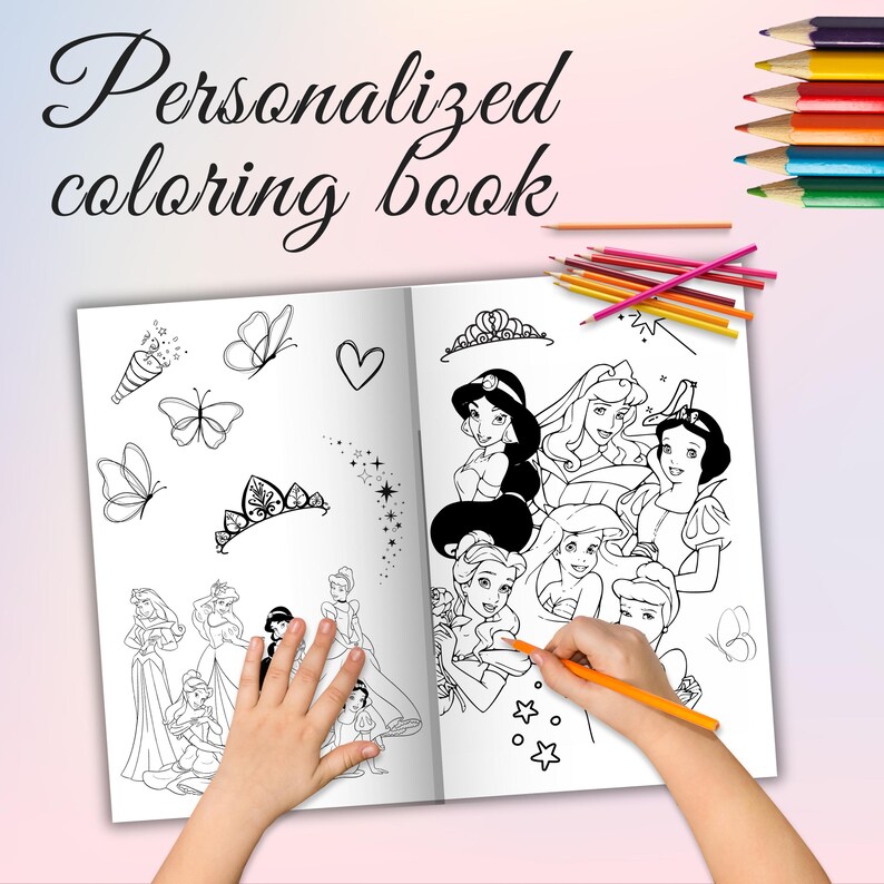 May include: A black and white coloring book with a cover featuring Disney princesses. The book is open to a page with a variety of princesses, including Cinderella, Snow White, and Jasmine. The book is titled "Personalized Coloring Book".