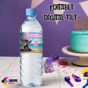 May include: Editable digital file for a water bottle label featuring Stitch from Lilo & Stitch. The label is pink and blue with the text "Brittany is turning 3".