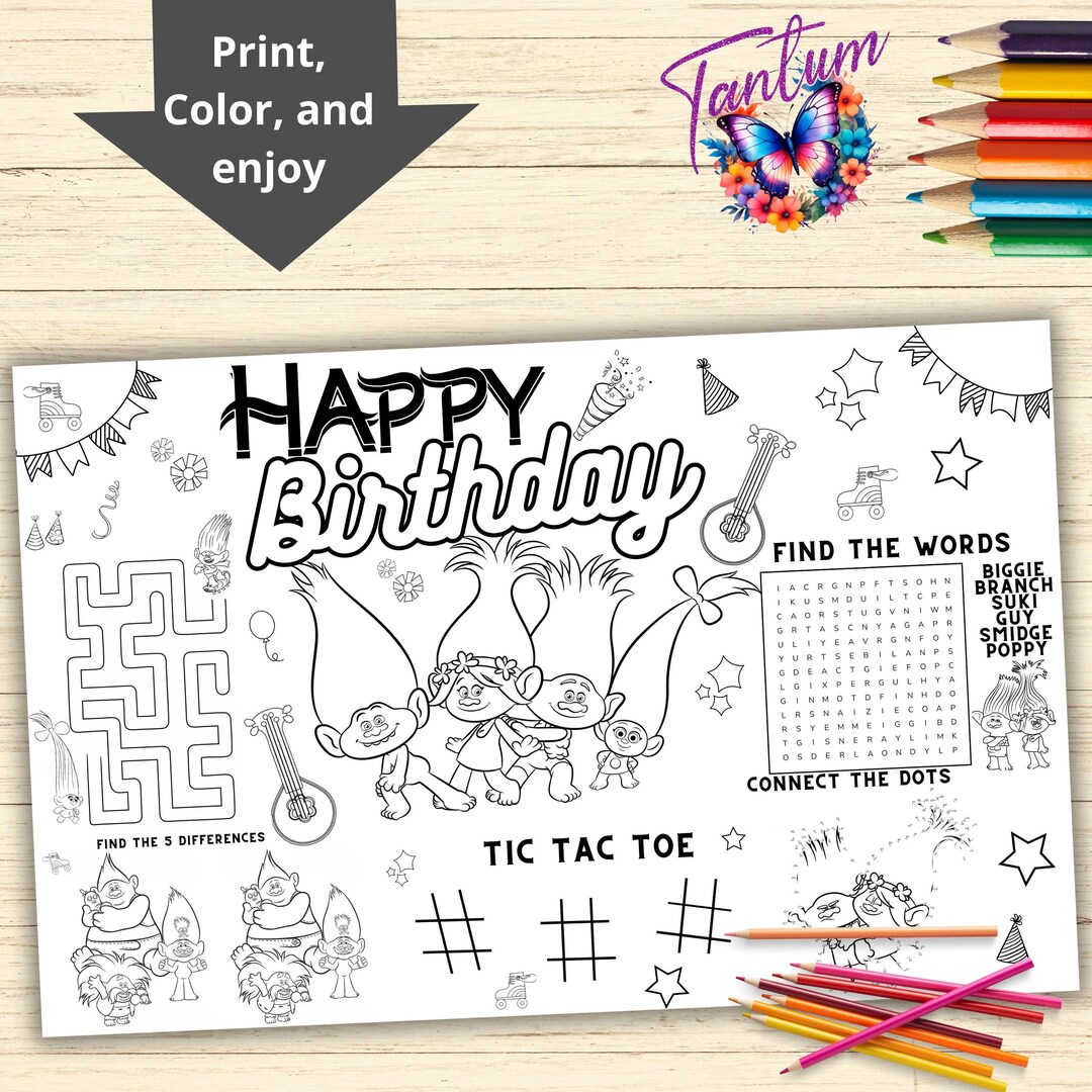 Troll Birthday Coloring Page Personalized Poppy Party Favors Printable ...