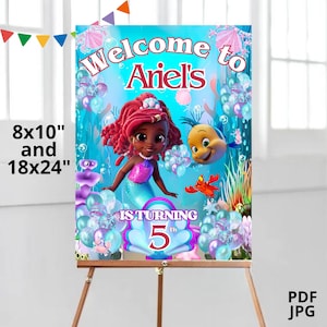 Aquarelle kleine Meerjungfrau Ariel Willkommensschild, Ariel Willkommensposter, Ariel Geburtstagsschild, Ariel Editierbares Willkommensschild, Personalisiertes Schild, A60