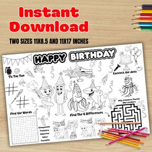 Puede incluir: Una hoja de actividades de cumpleaños imprimible en blanco y negro con las palabras "Happy Birthday" y varios juegos y rompecabezas. Incluye Tic Tac Toe, un laberinto y una búsqueda de palabras. Disponible en dos tamaños: 27,9 x 21,6 cm y 27,9 x 43,2 cm.