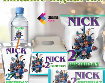 Bearbeitbare Zootopia-Partypackung, Zootopia-Kartoffelchipstüte, Zootopia-Flaschenetikett, Zootopia-Schokoladenetikett, Zootropolis, BEARBEITBARE DIGITALE DATEI Z72