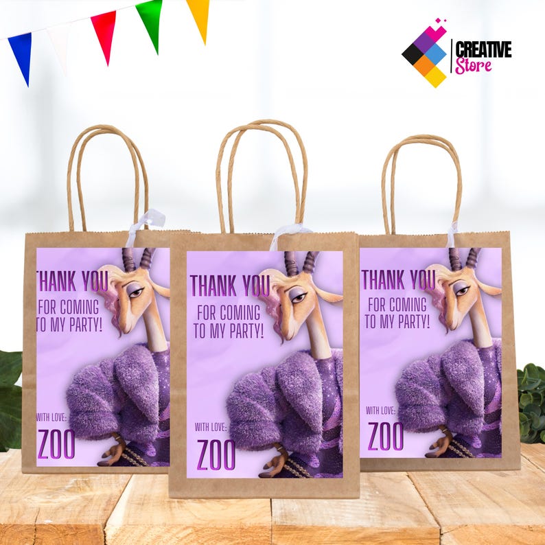 May include: Three brown paper gift bags with handles. Each bag features a purple rectangle with a cartoon gazelle wearing a purple sweater and the text "THANK YOU FOR COMING TO MY PARTY!" and "WITH LOVE ZOO".