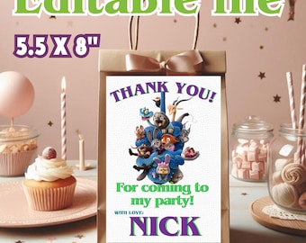 編集可能なズートピア2ギフトバッグタグ、ズートピアのお菓子バッグ、ズートポリスのスナックバッグ、テーマパーティーの記念品バッグ、編集可能なデジタルファイルZ72