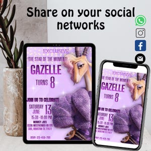 K&ouml;nnte beinhalten: Eine digitale Einladung auf einem Tablet und Smartphone mit Gazelle aus Zoomania. Die Einladung ist lila und enth&auml;lt den Text "Gazelle wird 8" sowie Veranstaltungsdetails f&uuml;r eine Geburtstagsfeier am 13. Juni.