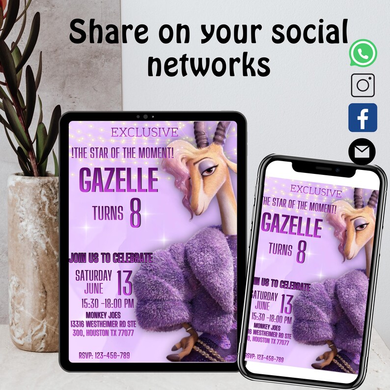 K&ouml;nnte beinhalten: Eine digitale Einladung auf einem Tablet und Smartphone mit Gazelle aus Zoomania. Die Einladung ist lila und enth&auml;lt den Text "Gazelle wird 8" sowie Veranstaltungsdetails f&uuml;r eine Geburtstagsfeier am 13. Juni.