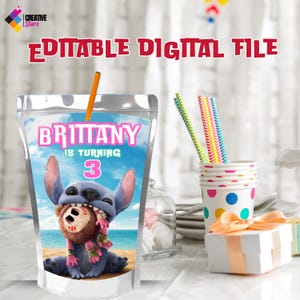 May include: Editable digital file for a juice box featuring a cartoon character from the movie Lilo & Stitch. The juice box has a blue background with a beach scene and the text "Brittany is turning 3".