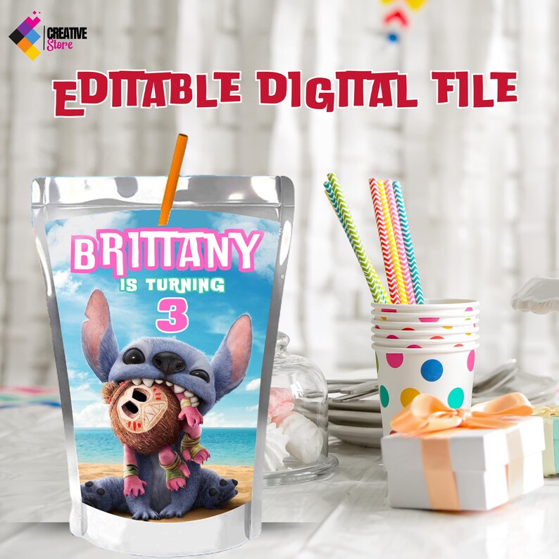 May include: Editable digital file for a juice box featuring a cartoon character from the movie Lilo & Stitch. The juice box has a blue background with a beach scene and the text "Brittany is turning 3".
