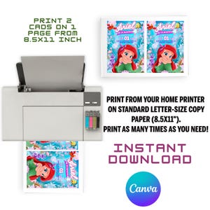 May include: A white printer with a printed invitation featuring Ariel from The Little Mermaid. The invitation reads "Ariel in Turning 4" and "01". The image also includes the text "Print 2 Cads on 1 Page from 8.5x11 inch".