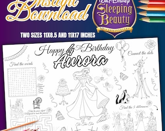 Editable Sleeping Beauty coloring page, Aurora birthday placemat, personalized activity set, Sleeping Beauty party, Aurora, DIGITAL FILE S67
