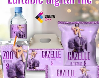 Edytowalny pakiet imprezowy Gazelle, torebka chipsów ziemniaczanych Zootopia, etykieta na butelkę Gazelle, etykieta na czekoladę Zootopia, edytowalny plik cyfrowy G97