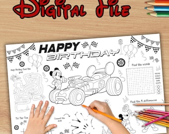 Mickey racing activity placemat,Mickey race cars coloring page,Birthday mickey placemat,Mickey racing,coloring activit,INSTANT DOWNLOAD MK01
