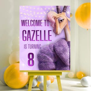 May include: A party sign on a wooden easel with the text "WELCOME TO GAZELLE IS TURNING 8". The sign features a cartoon gazelle character in a purple outfit and a light purple background with string lights. Yellow and white balloons are in the background.