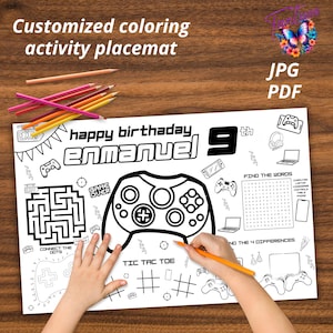 Video game birthday Party EDITABLE Placemat, Video game Birthday Activity Sheet, Coloring Page,Video game Birthday Placemat,DIGITAL FILE V31
